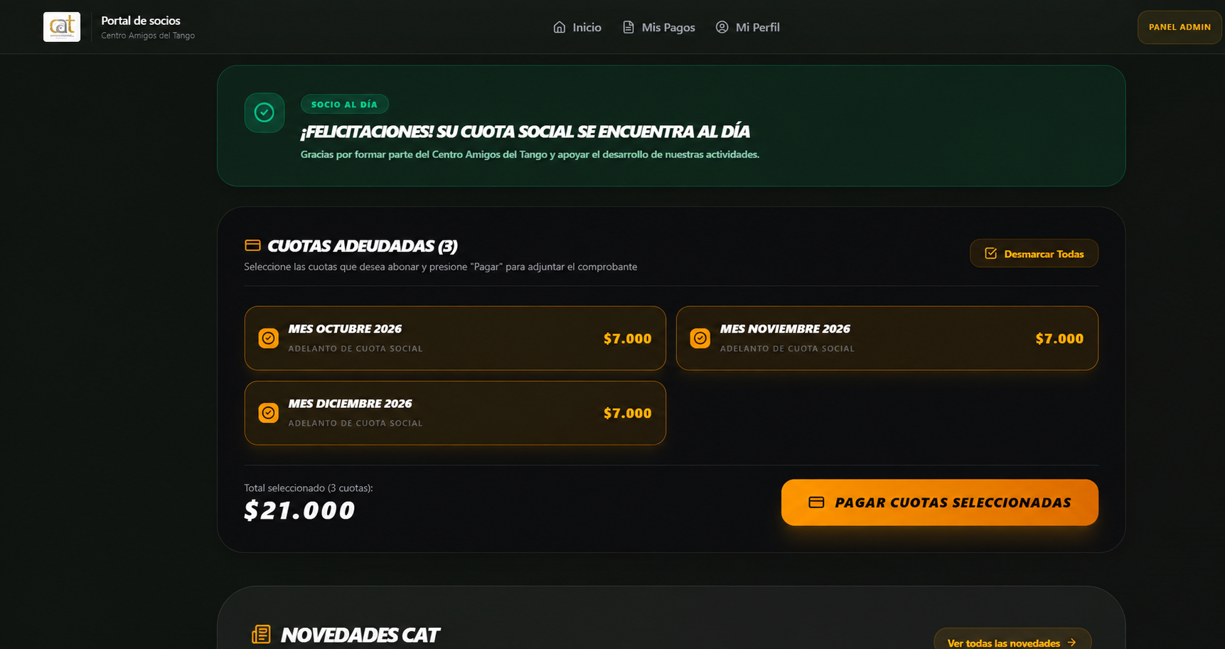 Portal de socios con datos ficticios del Centro Amigos del Tango